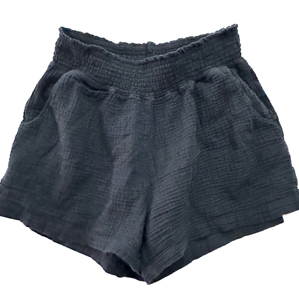 Three Dots M Cotton Gauze High Waist Smocked Waist Casual Shorts Pull On Black